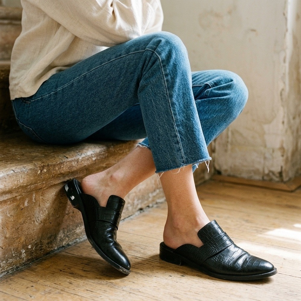 Freda Salvador Keen Womens Mule 10 Black Croc Embossed Leather Pointed Toe Flat